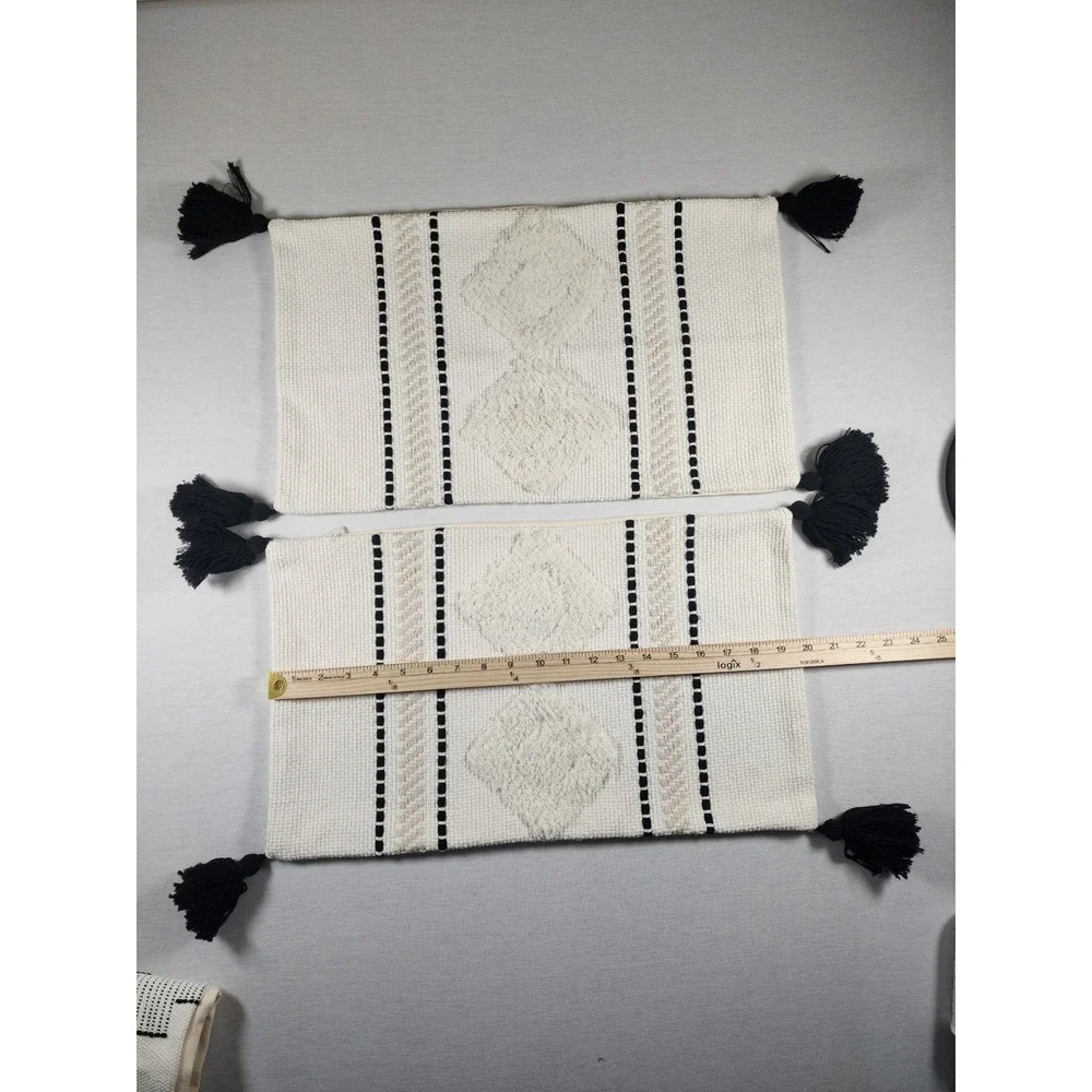 Boho Textured Tassel Pillow Cover Set 3pc Cream‎ Black Geometric Tufted NWOT